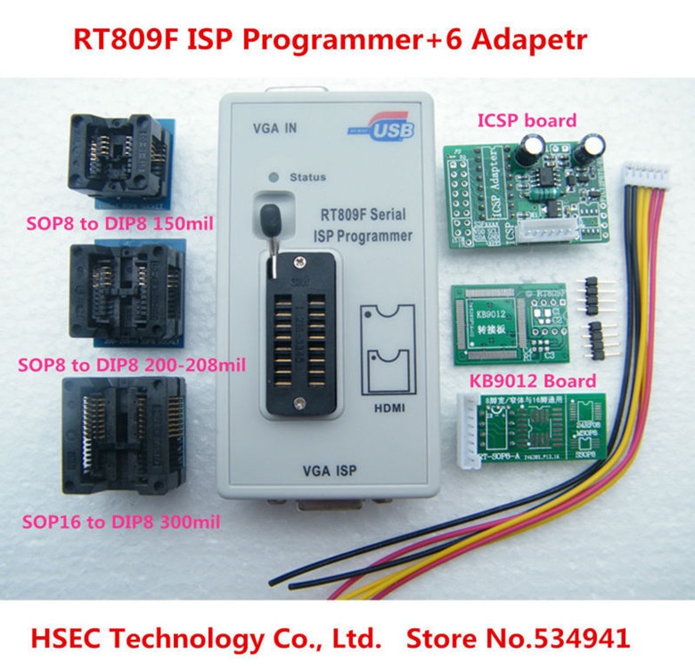 최신 rt809f 프로그래머 6pcs 어댑터 + cd 소프트웨어 sop8 sop16 소켓 kb9012 icsp 보드